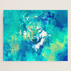 Teal yellow hand painted watercolor wolf Jigsaw Puzzle Gallery Image 1