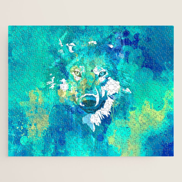 Teal yellow hand painted watercolor wolf Jigsaw Puzzle Gallery Image 1