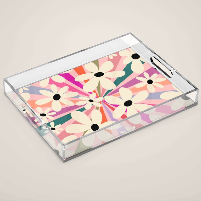 Retro Psychedelic Daisy Flower - Rainbow Color Acrylic Tray Gallery Image 1