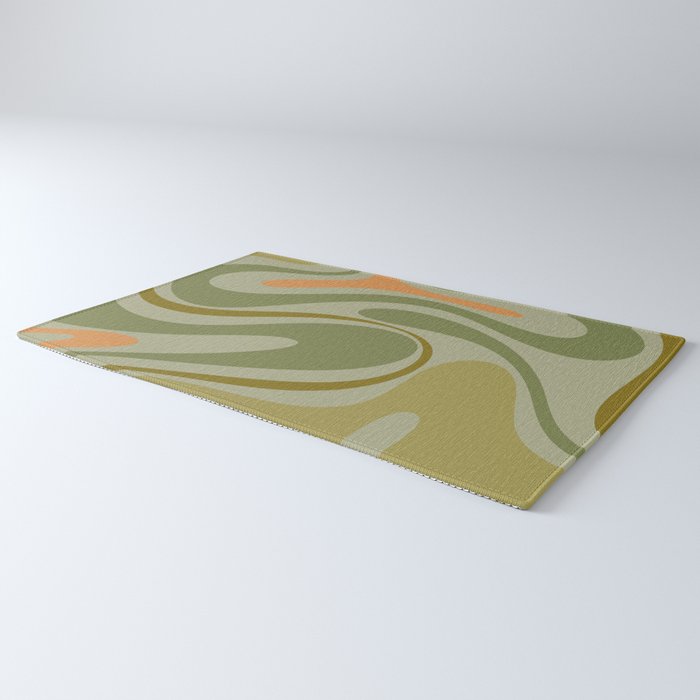 Retro Fantasy Swirl Abstract in Vintage Olive Green Celadon Orange Rug Gallery Image 3