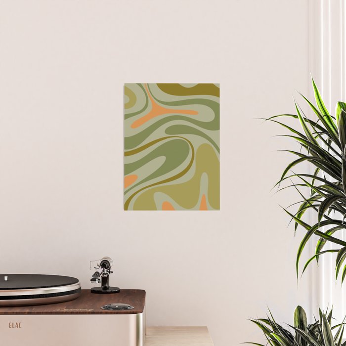 Retro Fantasy Swirl Abstract in Vintage Olive Green Celadon Orange Poster Gallery Image 2