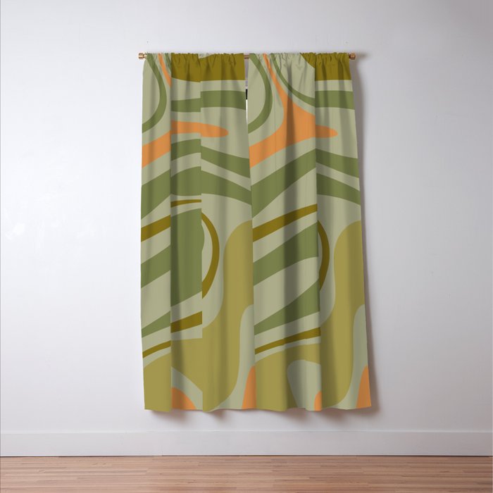 Retro Fantasy Swirl Abstract in Vintage Olive Green Celadon Orange Window Curtain Gallery Image 3