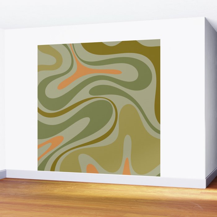 Retro Fantasy Swirl Abstract in Vintage Olive Green Celadon Orange Wall Mural Gallery Image 2