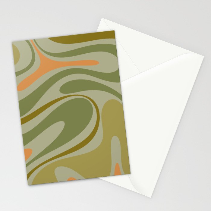 Retro Fantasy Swirl Abstract in Vintage Olive Green Celadon Orange Stationery Card Gallery Image 2