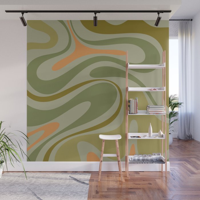 Retro Fantasy Swirl Abstract in Vintage Olive Green Celadon Orange Wall Mural Gallery Image 1