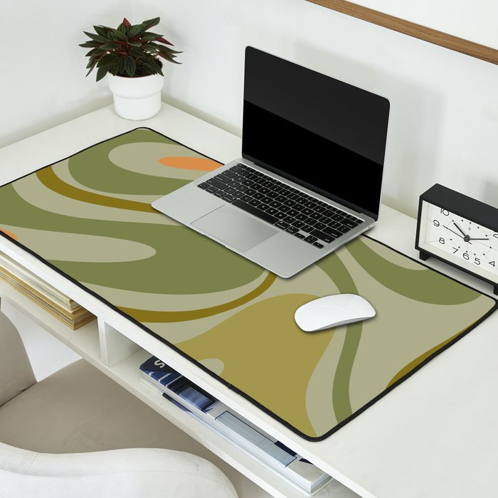 Retro Fantasy Swirl Abstract in Vintage Olive Green Celadon Orange Desk Mat Gallery Image 2