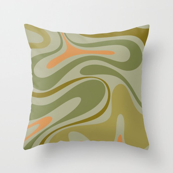 Retro Fantasy Swirl Abstract in Vintage Olive Green Celadon Orange Throw Pillow Gallery Image 1