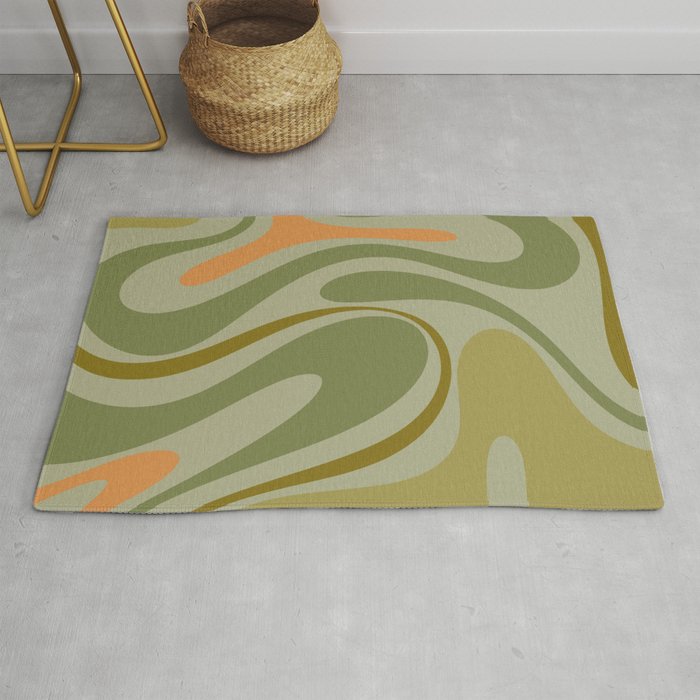 Retro Fantasy Swirl Abstract in Vintage Olive Green Celadon Orange Rug Gallery Image 1