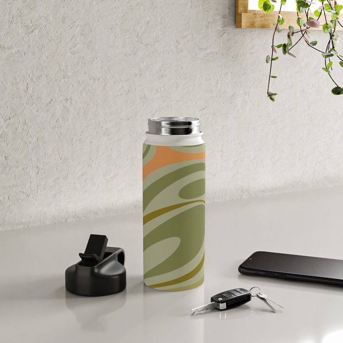 Retro Fantasy Swirl Abstract in Vintage Olive Green Celadon Orange Water Bottle Gallery Image 4