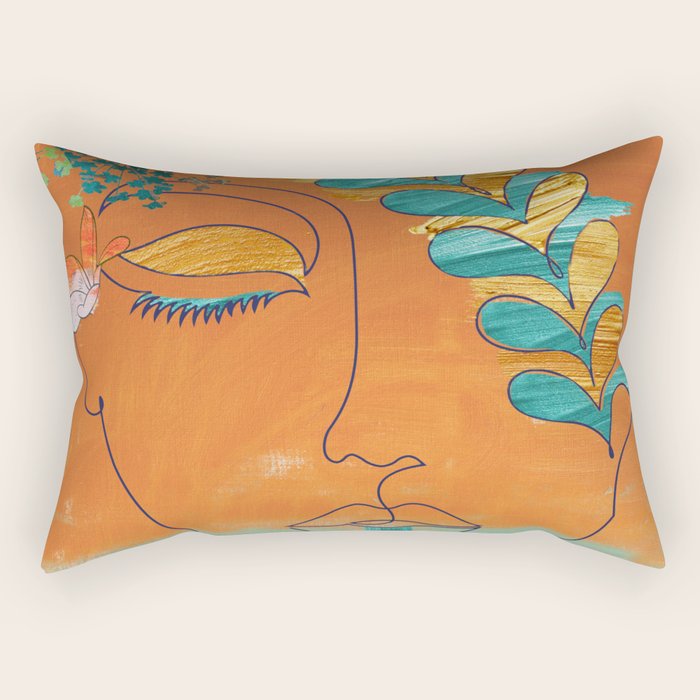 Monoline Woman Gilded Flowers Rectangular Pillow Gallery Image 2
