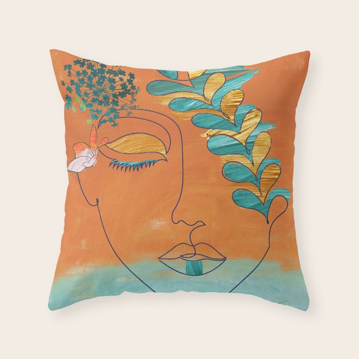 Monoline Woman Gilded Flowers Throw Pillow Gallery Image 1
