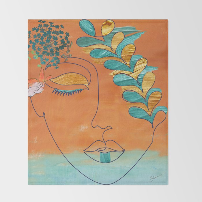 Monoline Woman Gilded Flowers Throw Blanket Gallery Image 2
