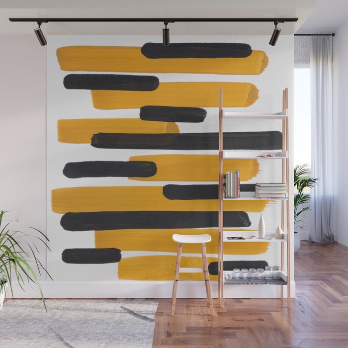 Mid Century Abstract Black & Yellow Fun Pattern Mustard Striped Primitive Stripes Wall Mural Gallery Image 1