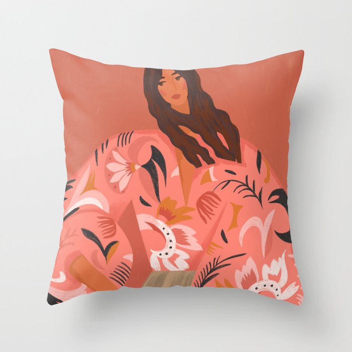 a girl in an embroidered shirt Throw Pillow Gallery Image 1
