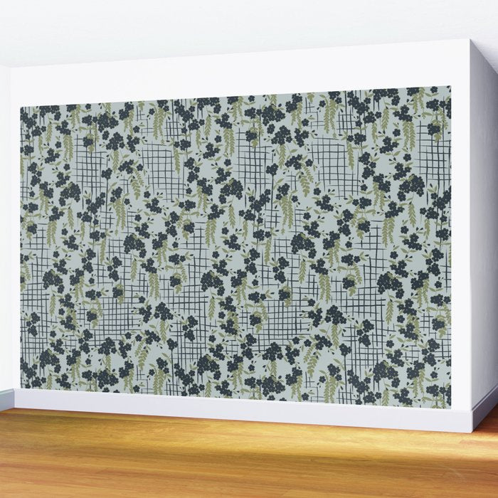 Blue floral with checks Wall Mural Gallery Image 2