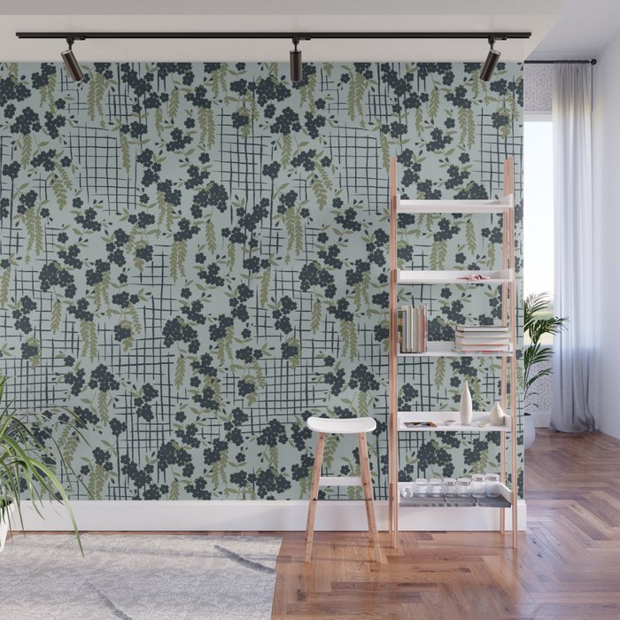 Blue floral with checks Wall Mural Gallery Image 1
