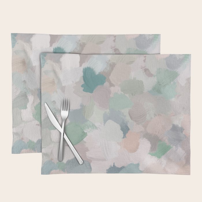 Fuzzy Flowers II - Mint Seafoam Green Dusty Rose Blush Pink Pastel Abstract Flower Painting Art Placemat Gallery Image 1