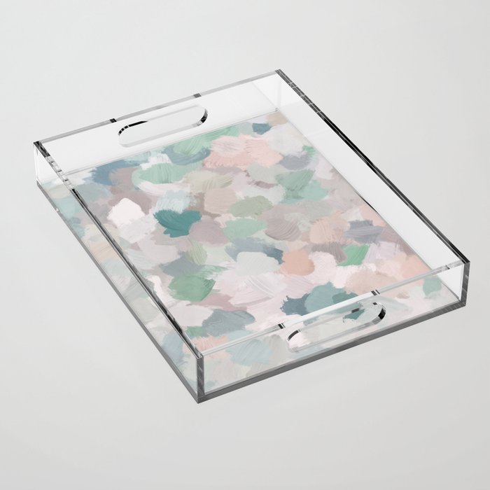 Fuzzy Flowers II - Mint Seafoam Green Dusty Rose Blush Pink Pastel Abstract Flower Painting Art Acrylic Tray Gallery Image 1