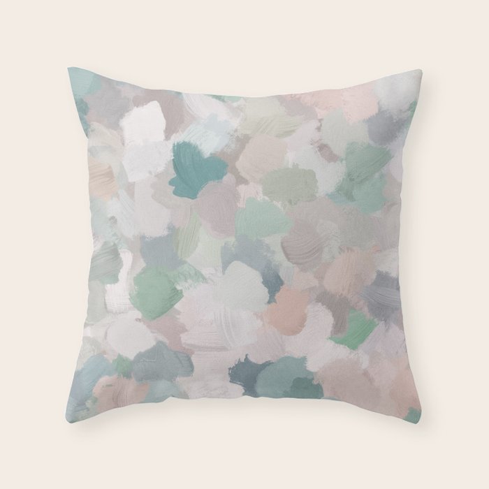 Fuzzy Flowers II - Mint Seafoam Green Dusty Rose Blush Pink Pastel Abstract Flower Painting Art Throw Pillow Gallery Image 6