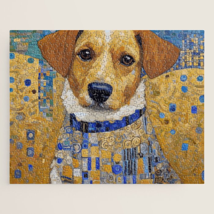 Gustav Klimt Style Dog in Blue and White Ruffled Collar Jigsaw Puzzle Gallery Image 1