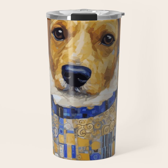 Gustav Klimt Style Dog in Blue and White Ruffled Collar Travel Mug Gallery Image 1
