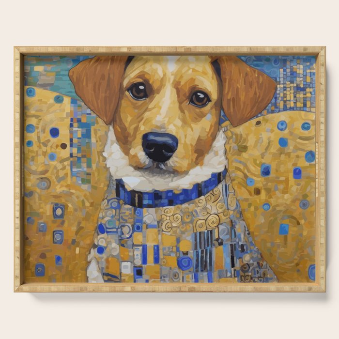 Gustav Klimt Style Dog in Blue and White Ruffled Collar Serving Tray Gallery Image 1