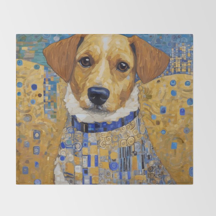 Gustav Klimt Style Dog in Blue and White Ruffled Collar Throw Blanket Gallery Image 2