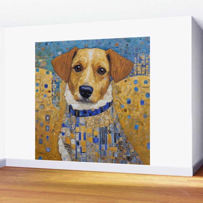 Gustav Klimt Style Dog in Blue and White Ruffled Collar Wall Mural Gallery Image 2