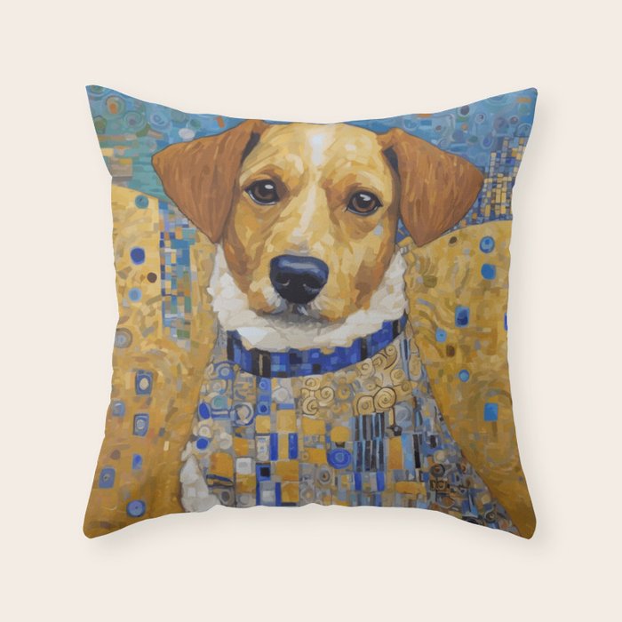 Gustav Klimt Style Dog in Blue and White Ruffled Collar Throw Pillow Gallery Image 6