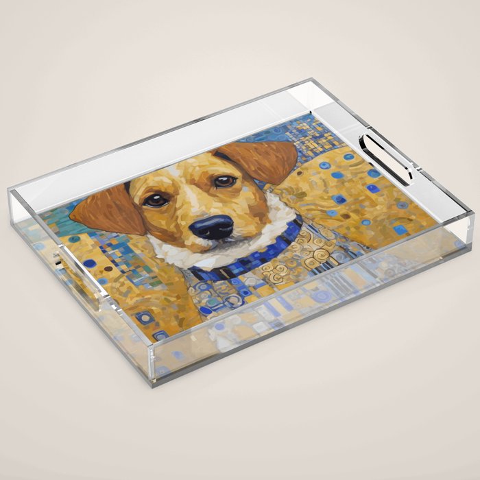 Gustav Klimt Style Dog in Blue and White Ruffled Collar Acrylic Tray Gallery Image 1