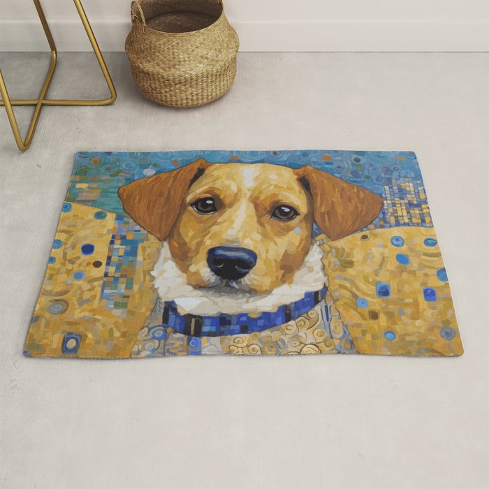 Gustav Klimt Style Dog in Blue and White Ruffled Collar Rug Gallery Image 1