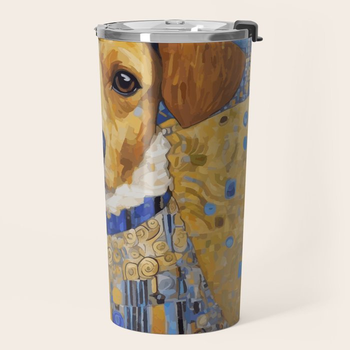 Gustav Klimt Style Dog in Blue and White Ruffled Collar Travel Mug Gallery Image 2