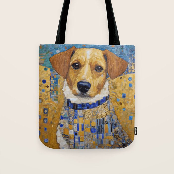 Gustav Klimt Style Dog in Blue and White Ruffled Collar Tote Bag Gallery Image 1