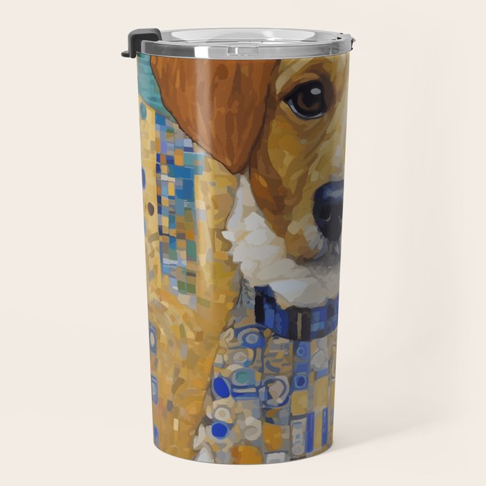 Gustav Klimt Style Dog in Blue and White Ruffled Collar Travel Mug Gallery Image 3