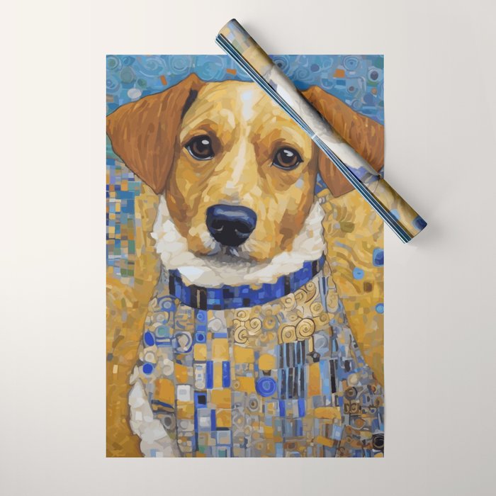 Gustav Klimt Style Dog in Blue and White Ruffled Collar Wrapping Paper Gallery Image 1