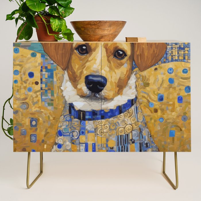 Gustav Klimt Style Dog in Blue and White Ruffled Collar Credenza Gallery Image 1