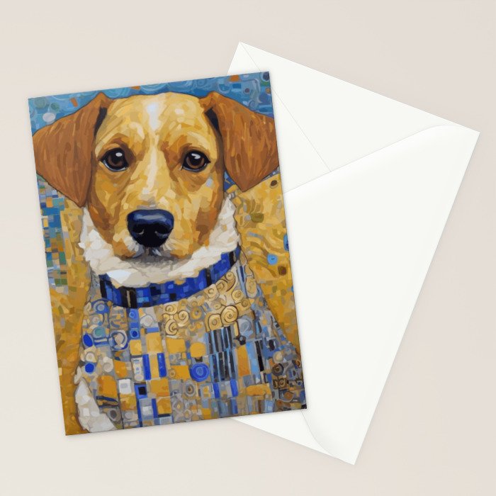 Gustav Klimt Style Dog in Blue and White Ruffled Collar Stationery Card Gallery Image 2
