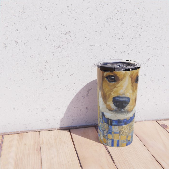 Gustav Klimt Style Dog in Blue and White Ruffled Collar Travel Mug Gallery Image 4