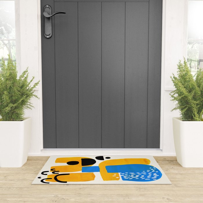 Mid Century Modern abstract Minimalist Fun Colorful Shapes Patterns Ikea Yellow & Blue Welcome Mat Gallery Image 3