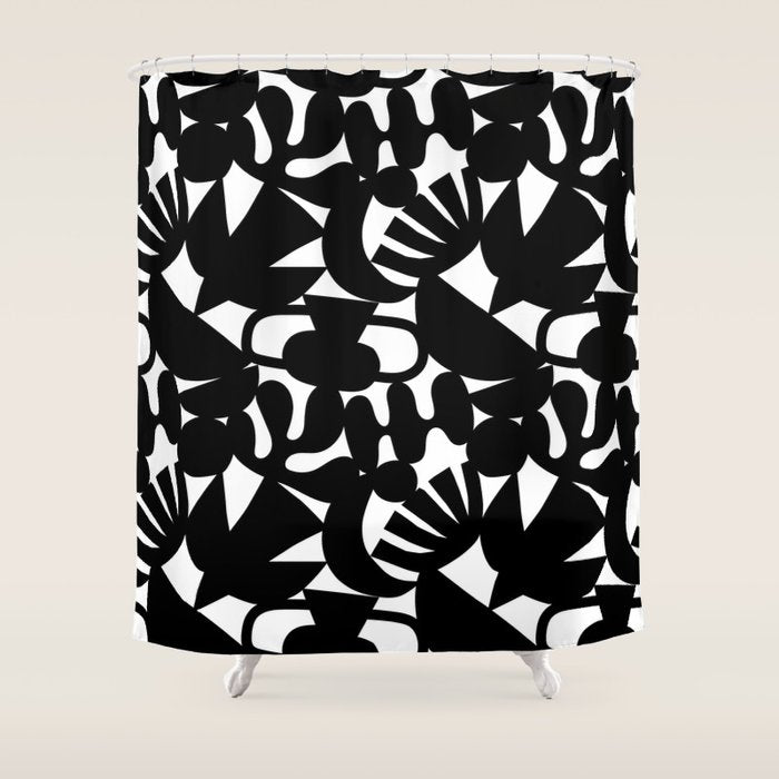 Black and white organic nature shape art pattern Shower Curtain Gallery Image 1
