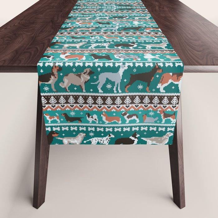 Fluffy and bright fair isle knitting doggie friends // pine and java green background brown orange white and grey dog breeds  Table Runner Gallery Image 1