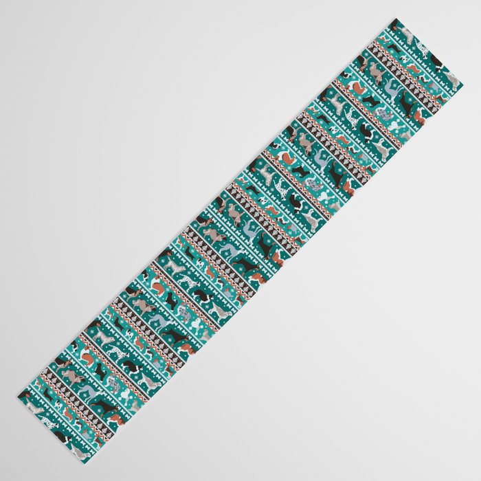 Fluffy and bright fair isle knitting doggie friends // pine and java green background brown orange white and grey dog breeds  Table Runner Gallery Image 3