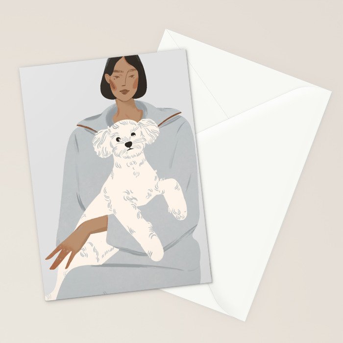 illustration of a girl in a blue suit with a white bichon frise dog Stationery Card Gallery Image 2