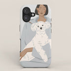 illustration of a girl in a blue suit with a white bichon frise dog iPhone Case Gallery Image 1