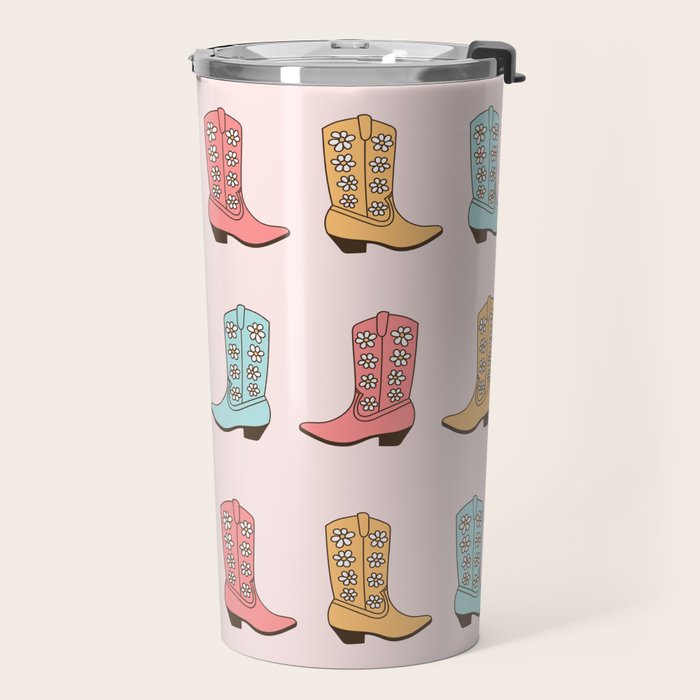 Cowgirl Boots and Daisies, Blush Pink, Mint, Cute Pastel Cowboy Pattern Travel Mug Gallery Image 2
