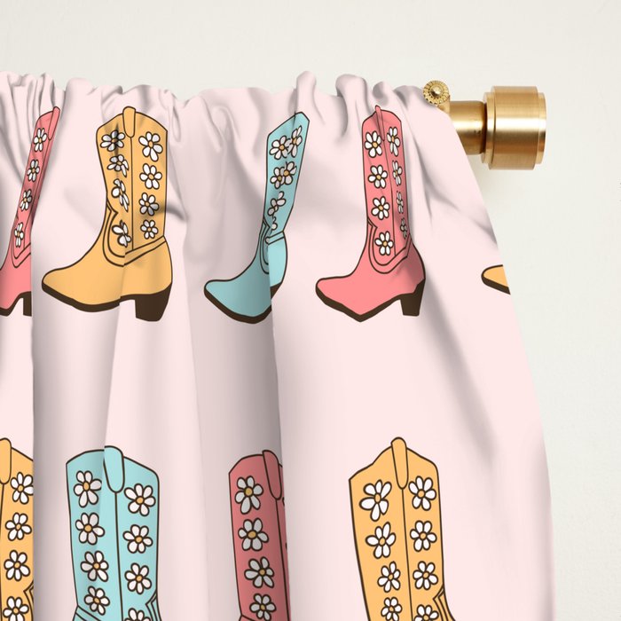 Cowgirl Boots and Daisies, Blush Pink, Mint, Cute Pastel Cowboy Pattern Window Curtain Gallery Image 2