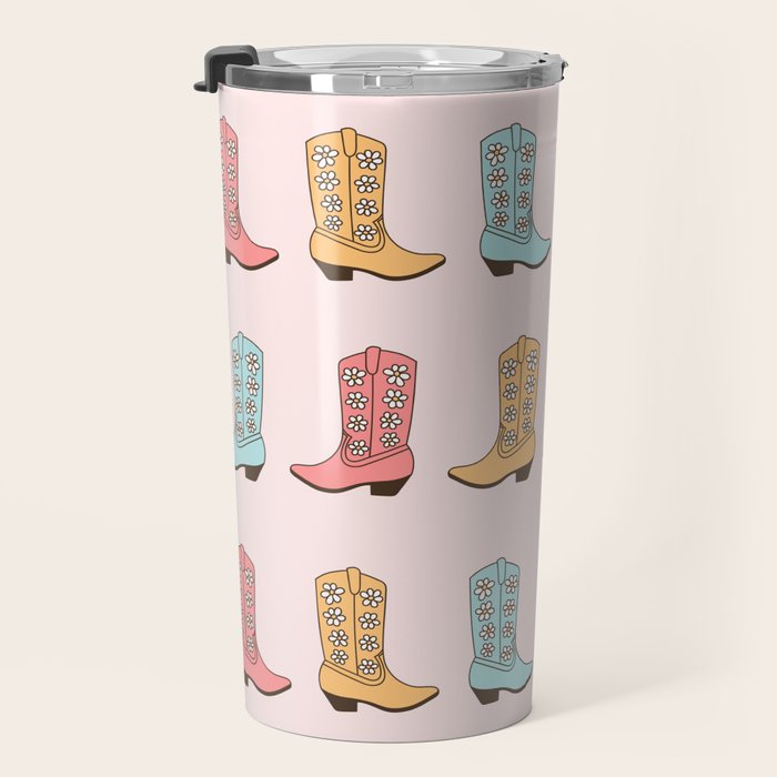 Cowgirl Boots and Daisies, Blush Pink, Mint, Cute Pastel Cowboy Pattern Travel Mug Gallery Image 3