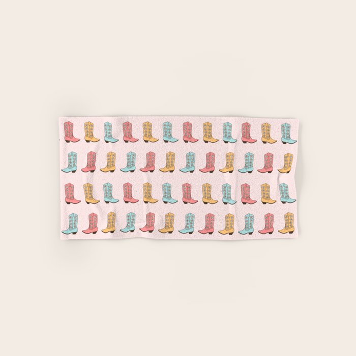Cowgirl Boots and Daisies, Blush Pink, Mint, Cute Pastel Cowboy Pattern Bath Towel Gallery Image 1