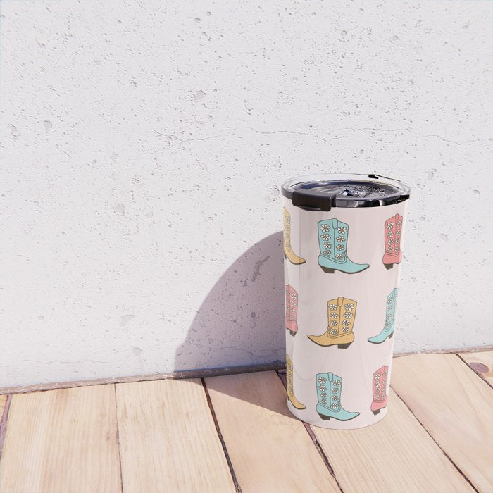 Cowgirl Boots and Daisies, Blush Pink, Mint, Cute Pastel Cowboy Pattern Travel Mug Gallery Image 4