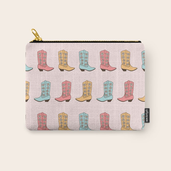 Cowgirl Boots and Daisies, Blush Pink, Mint, Cute Pastel Cowboy Pattern Carry All Pouch Gallery Image 1